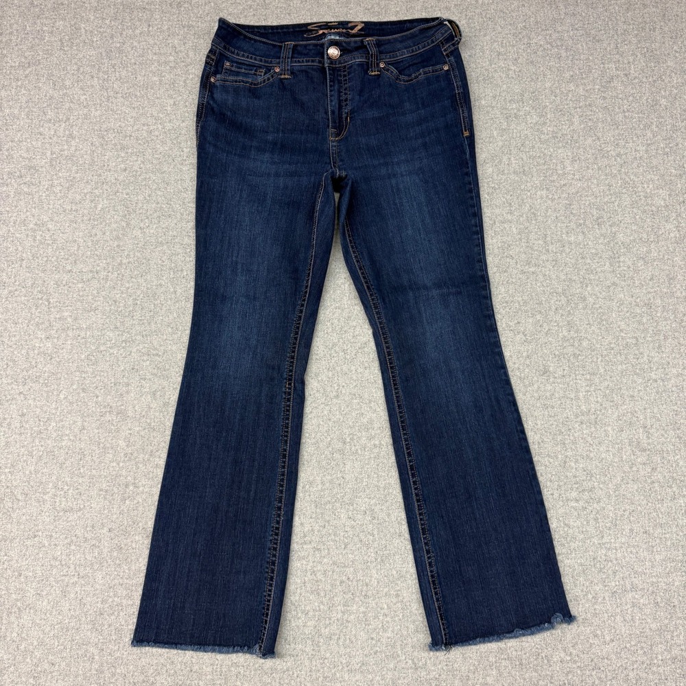 Seven7 Starlette Mid Rise Boot Jeans Size 14 Blue Dark Wash Frayed Hem Stretch